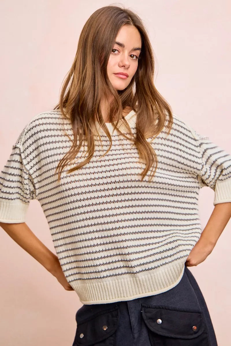 Cream grey BiBi Stripes short sleeves ribbed knit top by Trendsi featuring banded outseam detail.