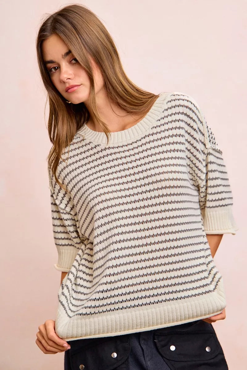 Cream grey BiBi Stripes short sleeve ribbed knit top with banded outseam from Trendsi