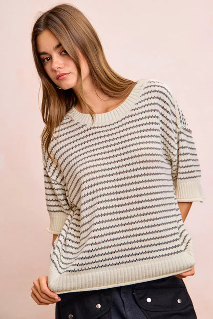 Cream grey BiBi Stripes short sleeve ribbed knit top with banded outseam from Trendsi