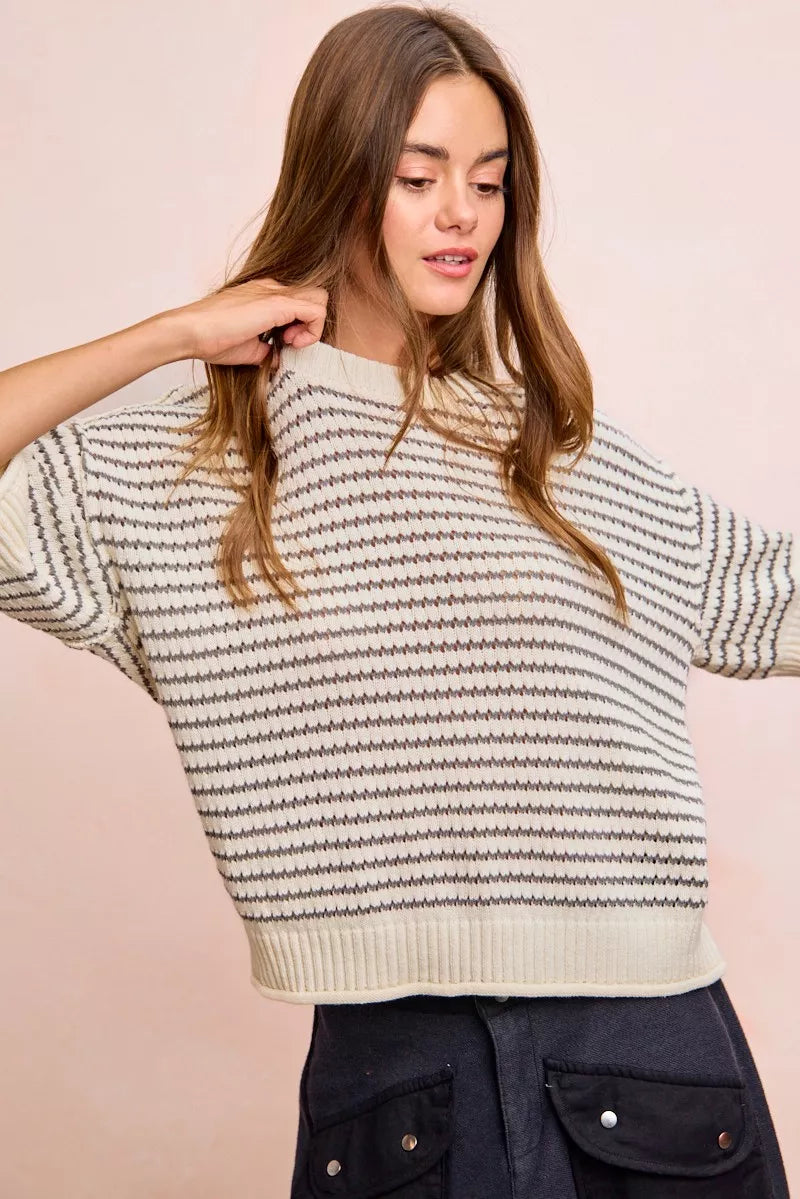Cream and grey BiBi Stripes short sleeve knit top with ribbed band and outseam design by Trendsi.