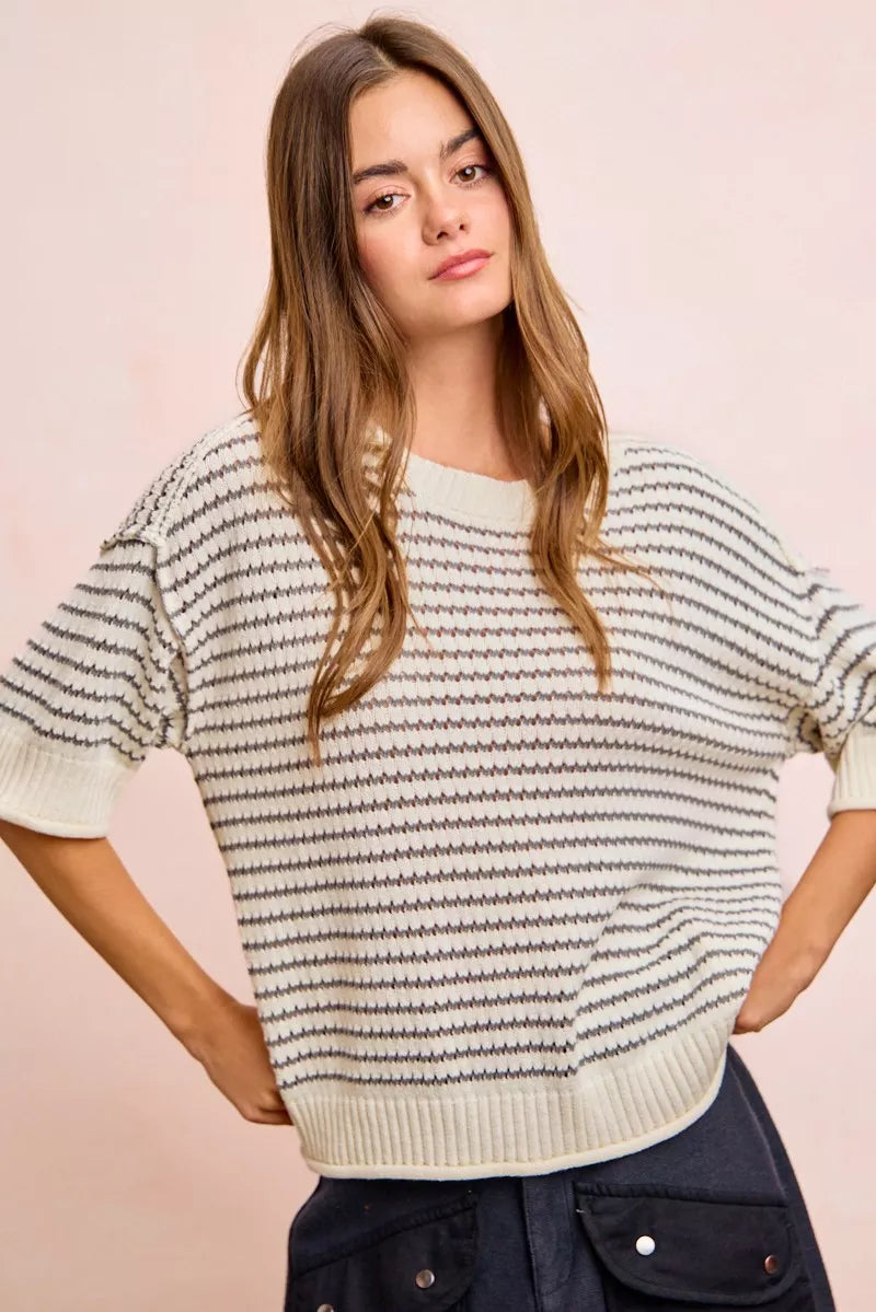 Cream grey BiBi Stripes short sleeve knit top with ribbed banding and outseam detail, stylish and comfortable from Trendsi.