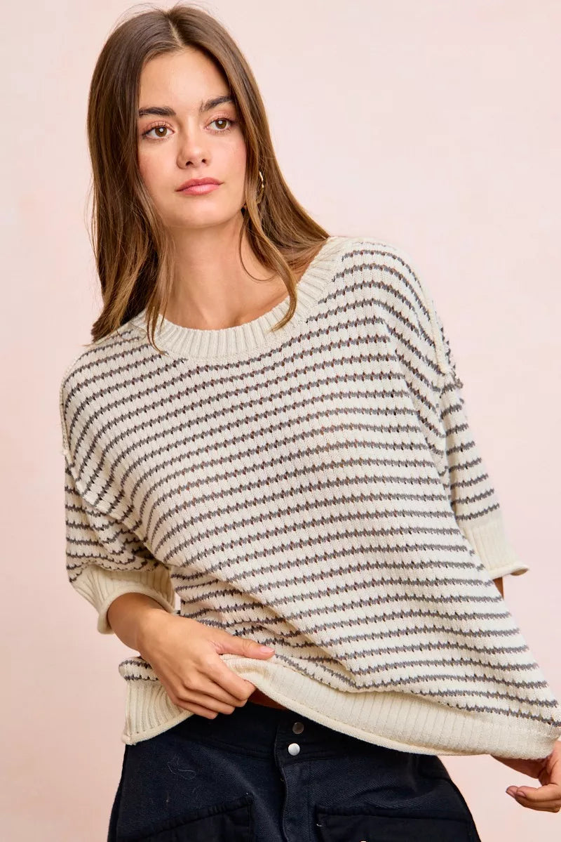 Cream and grey BiBi Stripes short sleeve knit top by Trendsi featuring ribbed banding and outseam design.