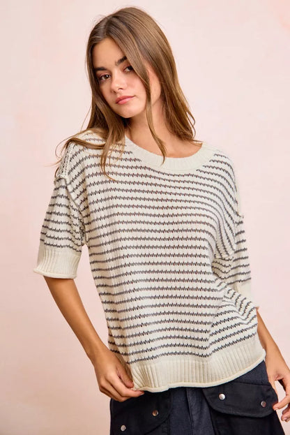 Cream grey BiBi Stripes short sleeve ribbed knit top with banded outseam, stylish and comfortable from Trendsi.