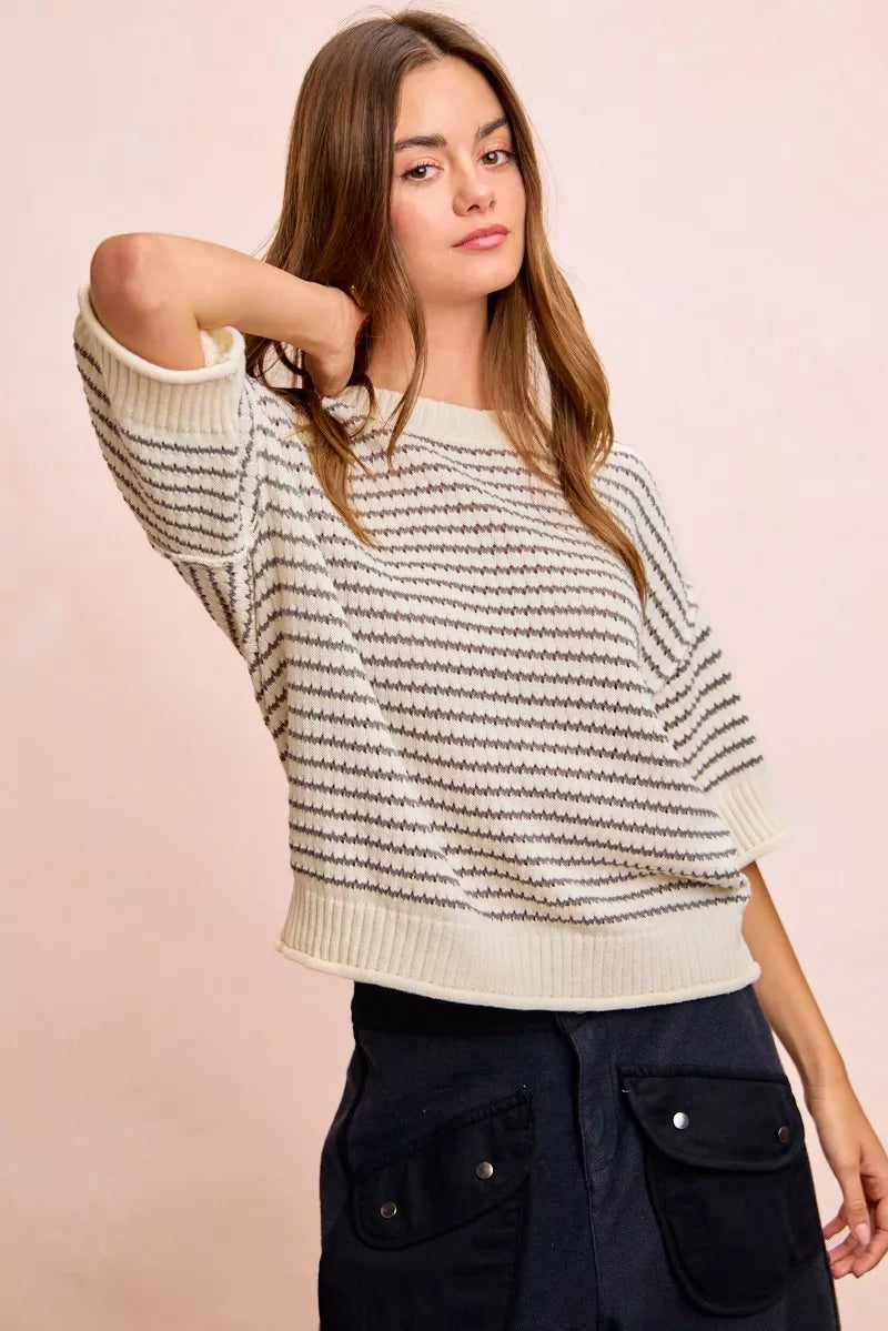Cream and grey BiBi Stripes short sleeves knit top with ribbed banding and outseam detail from Trendsi.