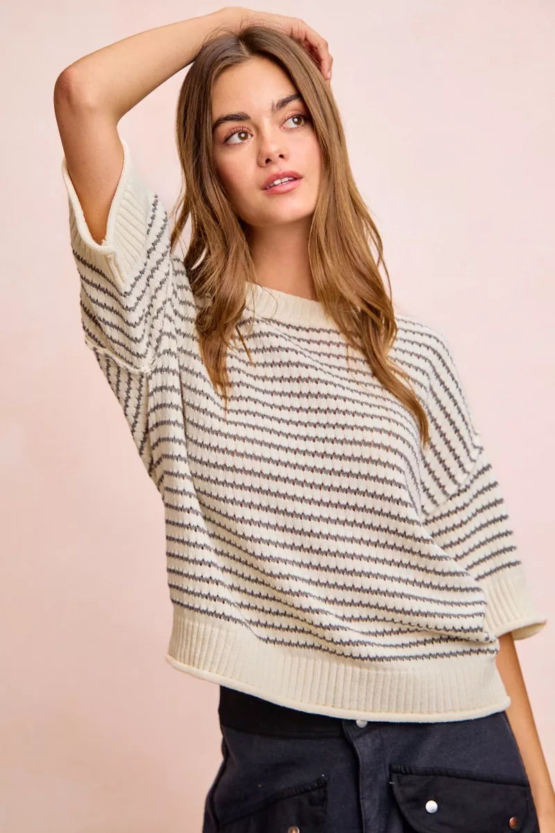 Cream and grey BiBi Stripes short sleeve knit top by Trendsi with ribbed banding and outseam detail.
