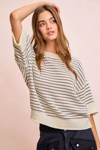 Cream and grey BiBi Stripes short sleeve knit top by Trendsi with ribbed banding and outseam detail.