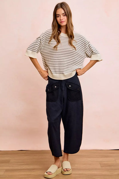 Cream and grey BiBi Stripes short sleeve rib-knit top by Trendsi with banded outseam detail, casual and stylish for everyday wear.