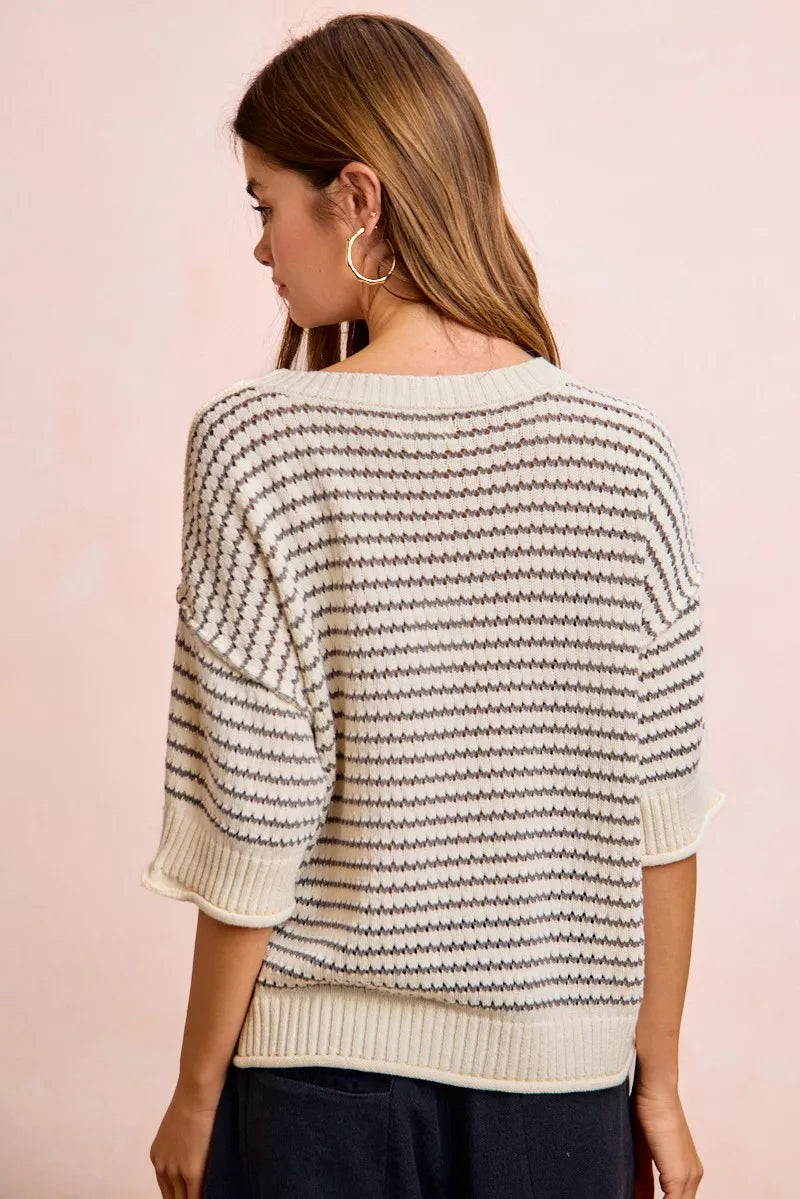 Cream and grey Bibi Stripes short sleeve knit top by Trendsi with ribbed banding and outseam details.