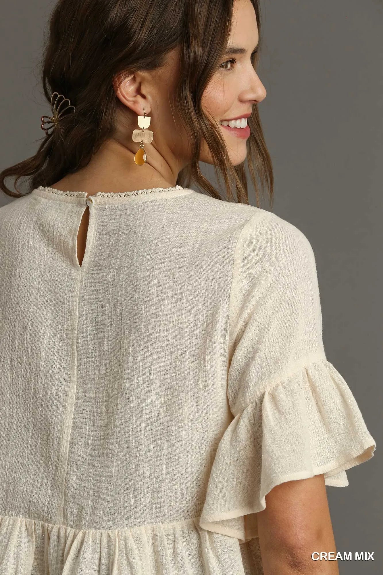 Cream floral lace trimmed half sleeve babydoll top by Umgee, featuring delicate lace details and a relaxed fit.