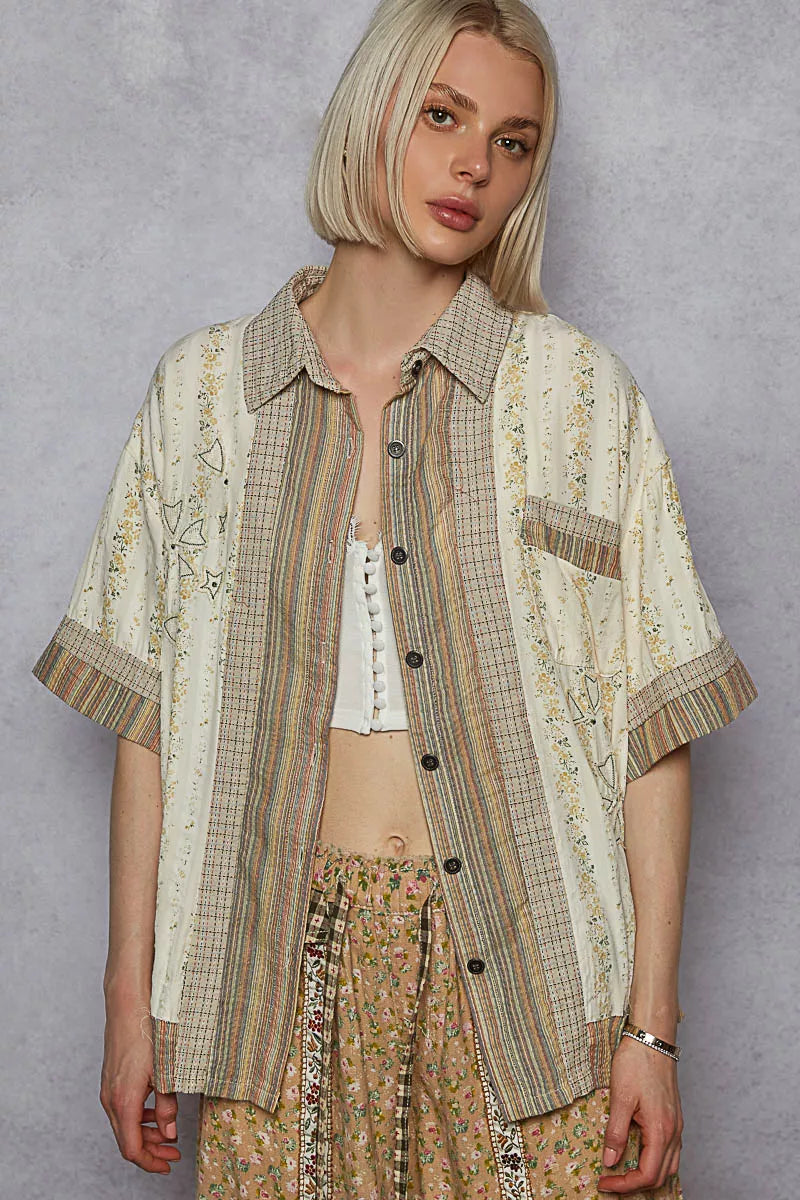 Cream multi-print POL Trendsi short sleeve button-down shirt with patchwork design, casual and stylish for warm weather.