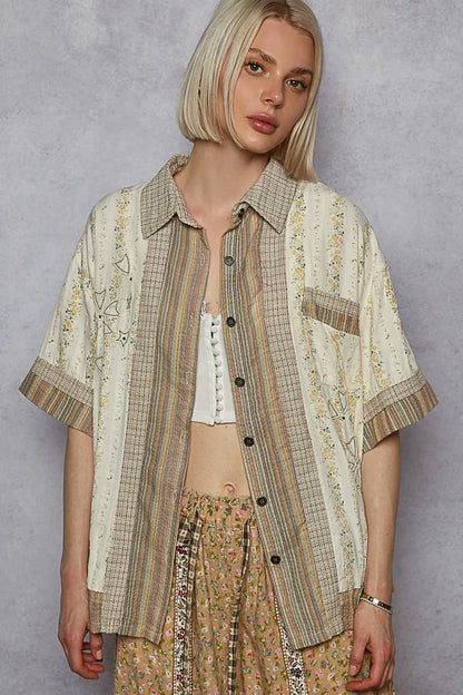 Cream multi-print POL Trendsi short sleeve button-down shirt with patchwork design, casual and stylish for warm weather.