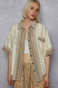 Cream multi-print POL Trendsi short sleeve button-down shirt with patchwork design, casual and stylish for warm weather.
