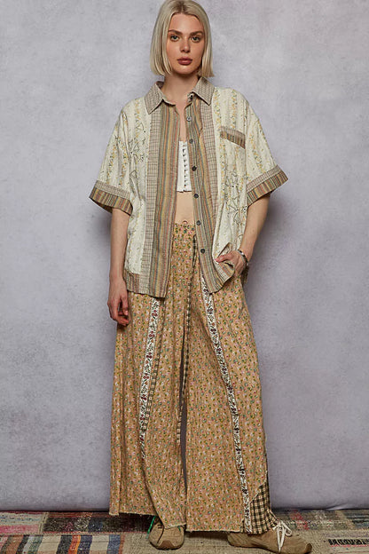 Cream and multicolor printed patchwork short sleeve button-down shirt by Trendsi featuring casual, stylish design.