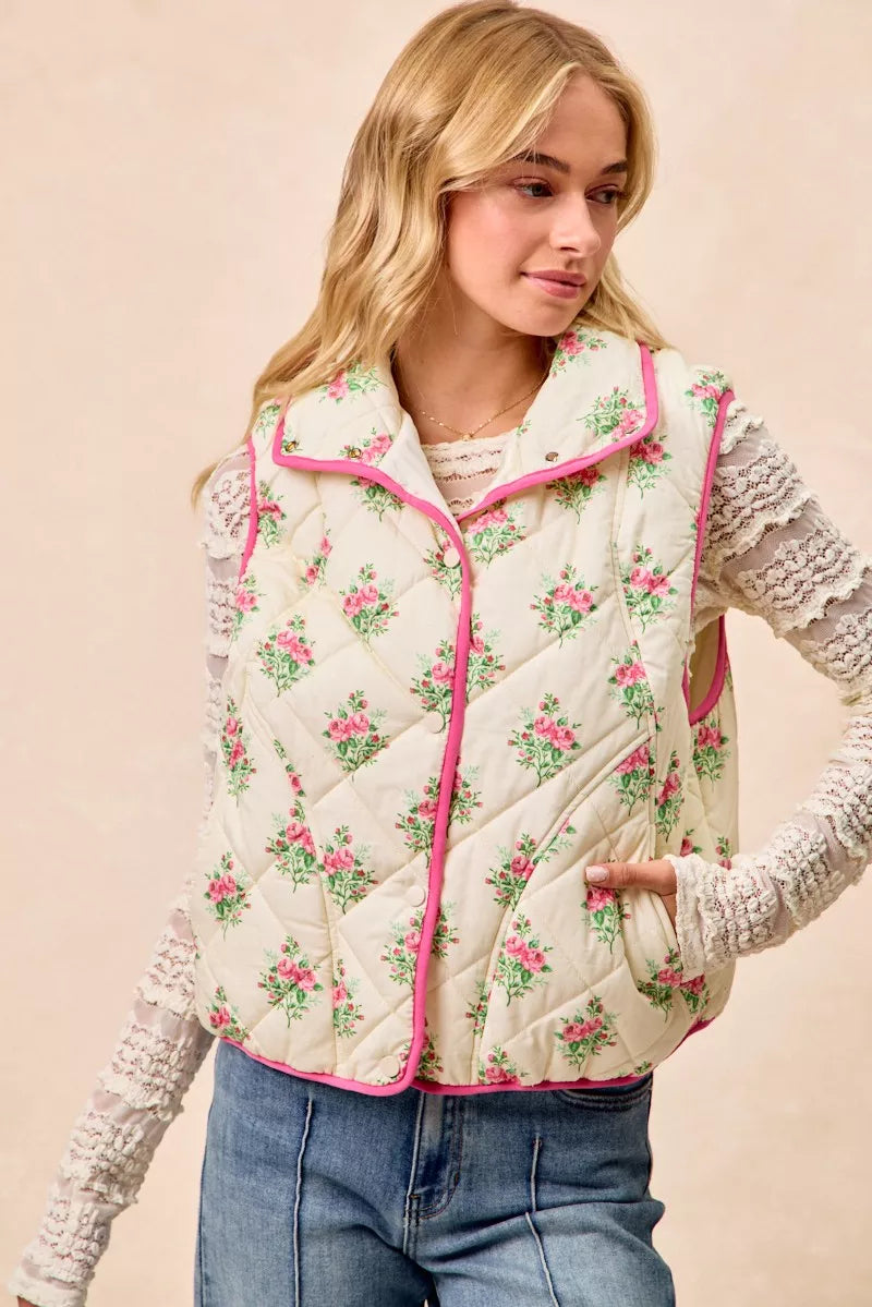 Cream pink BiBi floral print quilted vest with piping detail from Trendsi, featuring a cozy, stylish design with floral accents.