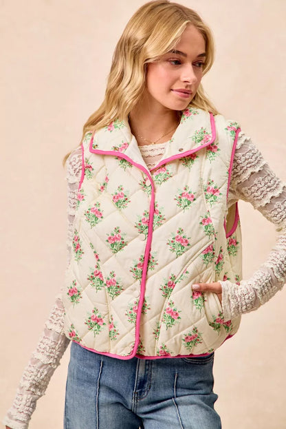 Cream pink BiBi floral print quilted vest with piping detail from Trendsi, featuring a cozy, stylish design with floral accents.