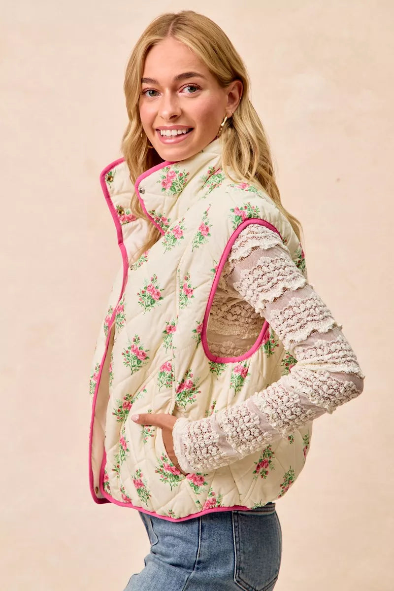 Cream pink BiBi floral print quilted vest with piping detail by Trendsi, featuring a cozy, stylish design and quilted texture.