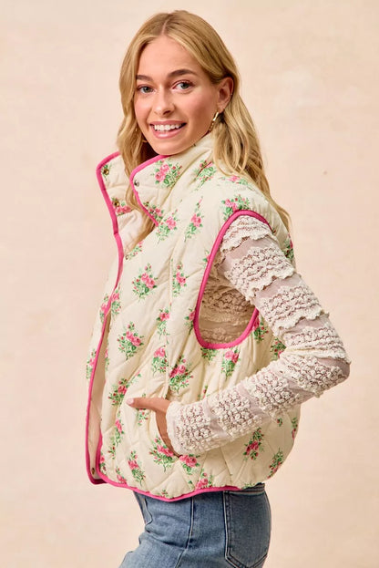Cream pink BiBi floral print quilted vest with piping detail by Trendsi, featuring a cozy, stylish design and quilted texture.