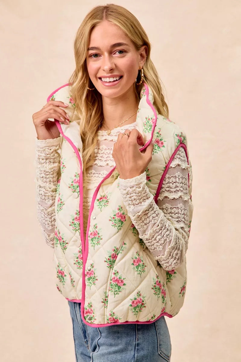 Cream pink BiBi floral print quilted vest with piping detail, featuring a stylish and cozy design from Trendsi.