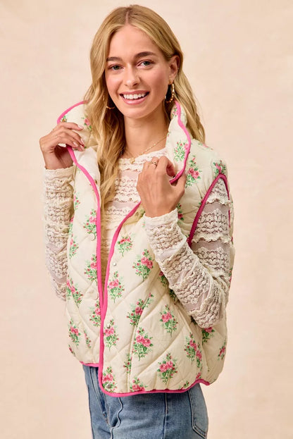 Cream pink BiBi floral print quilted vest with piping detail, featuring a stylish and cozy design from Trendsi.