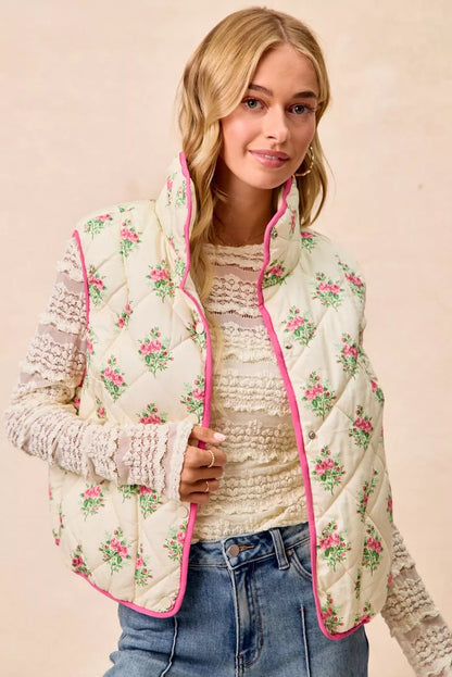 Cream pink BiBi floral print quilted vest with piping detail from Trendsi, featuring a stylish and cozy design.