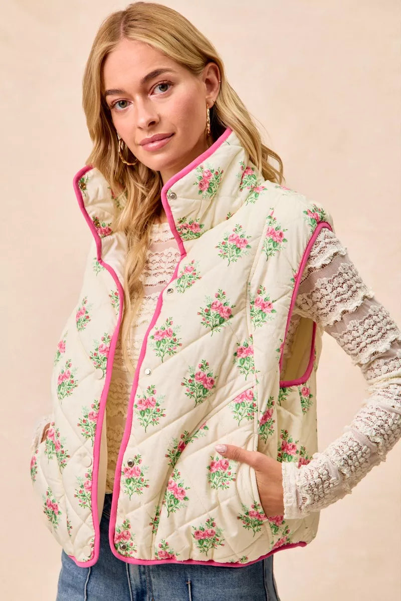 Cream pink BiBi floral print quilted vest with piping detail from Trendsi, featuring a stylish and lightweight design.