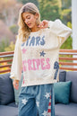 Cream sweatshirt with red, white, and blue stars and stripes patches for 4th of July celebration, by Trendsi.
