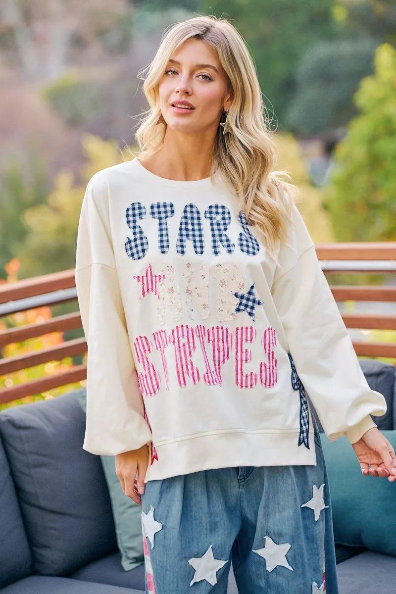 Cream BiBi 4th of July stars and stripes patches sweatshirt with patriotic star and flag designs, casual and stylish for summer celebrations.