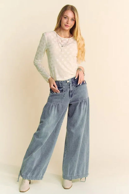 Cream Davi & Dani Bow Mesh long sleeve top with round neckline, stylish and lightweight for trendy casual wear