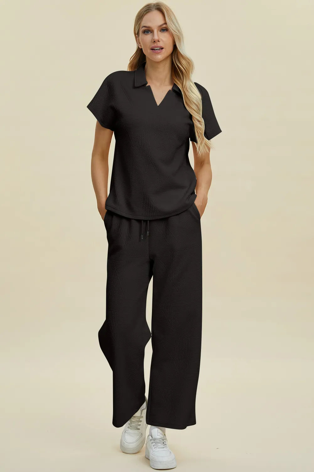 Cream-colored Trendsi Double Take full-size short sleeve top and pants set with collared neck, casual and comfortable outfit.