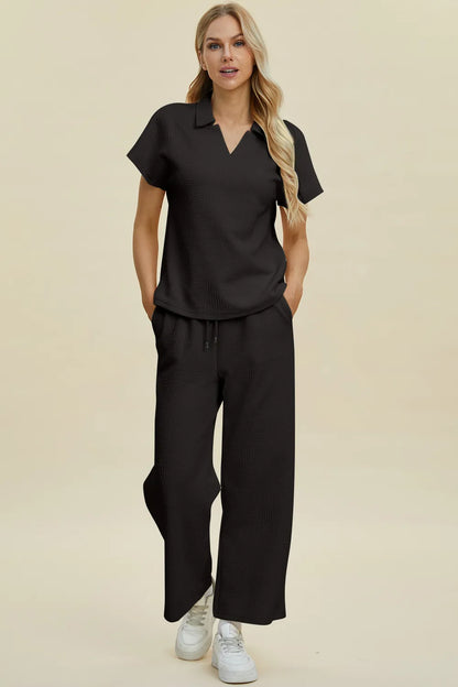 Cream-colored Trendsi Double Take full-size short sleeve top and pants set with collared neck, casual and comfortable outfit.