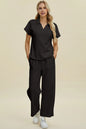 Cream-colored Trendsi Double Take full-size short sleeve top and pants set with collared neck, casual and comfortable outfit.