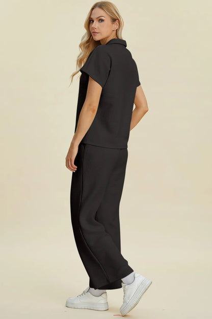 Cream-colored Trendsi Double Take full-size short sleeve top and pants set with a collared neckline, stylish and comfortable.