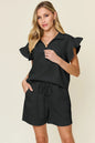 Cream texture flounce sleeve top and drawstring shorts set by Trendsi, casual and stylish for everyday wear.