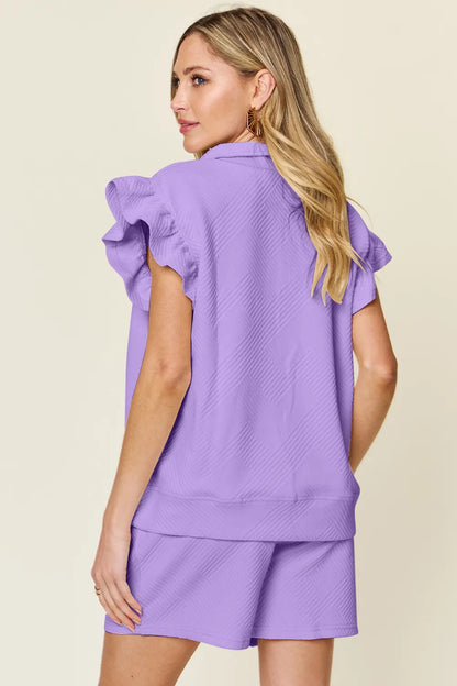 Cream-colored Trendsi double take texture flounce sleeve top with matching drawstring shorts set, stylish and comfortable for casual wear.