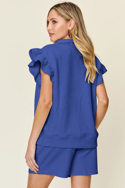 Cream textured flounce sleeve top and drawstring shorts set by Trendsi, perfect for casual summer wear.