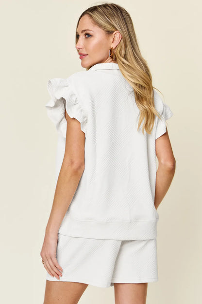 Cream textured flounce sleeve top and drawstring shorts set by Trendsi, styled together for a casual, comfortable look.