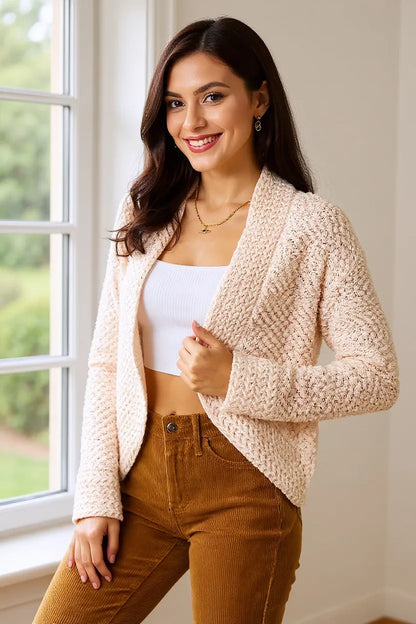 Cream open-front long sleeve cardigan from Trendsi, Double Take style, featuring a relaxed fit and lightweight knit fabric.