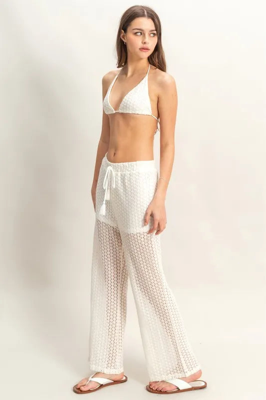 Cream crochet bra and drawstring pants set by HYFVE, trendy loungewear with textured crochet details and comfortable fit.