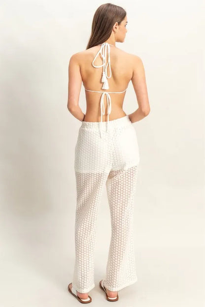 Cream crochet bra and drawstring pants set by HYFVE, stylish lounge wear with textured crochet details and comfortable fit.