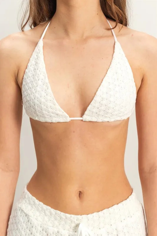 Cream crochet bra and drawstring pants set by HYFVE, stylish loungewear with textured crochet details and comfortable fit.