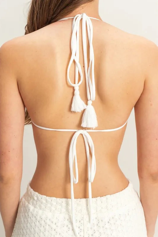 Cream crochet bra and drawstring pants set from HYFVE by Trendsi, featuring a stylish matching loungewear ensemble.