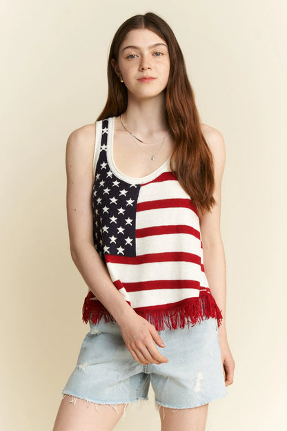 Plus size Jade by Jane American flag fringe tank top, cream color, full size, casual sleeveless top with patriotic flag design