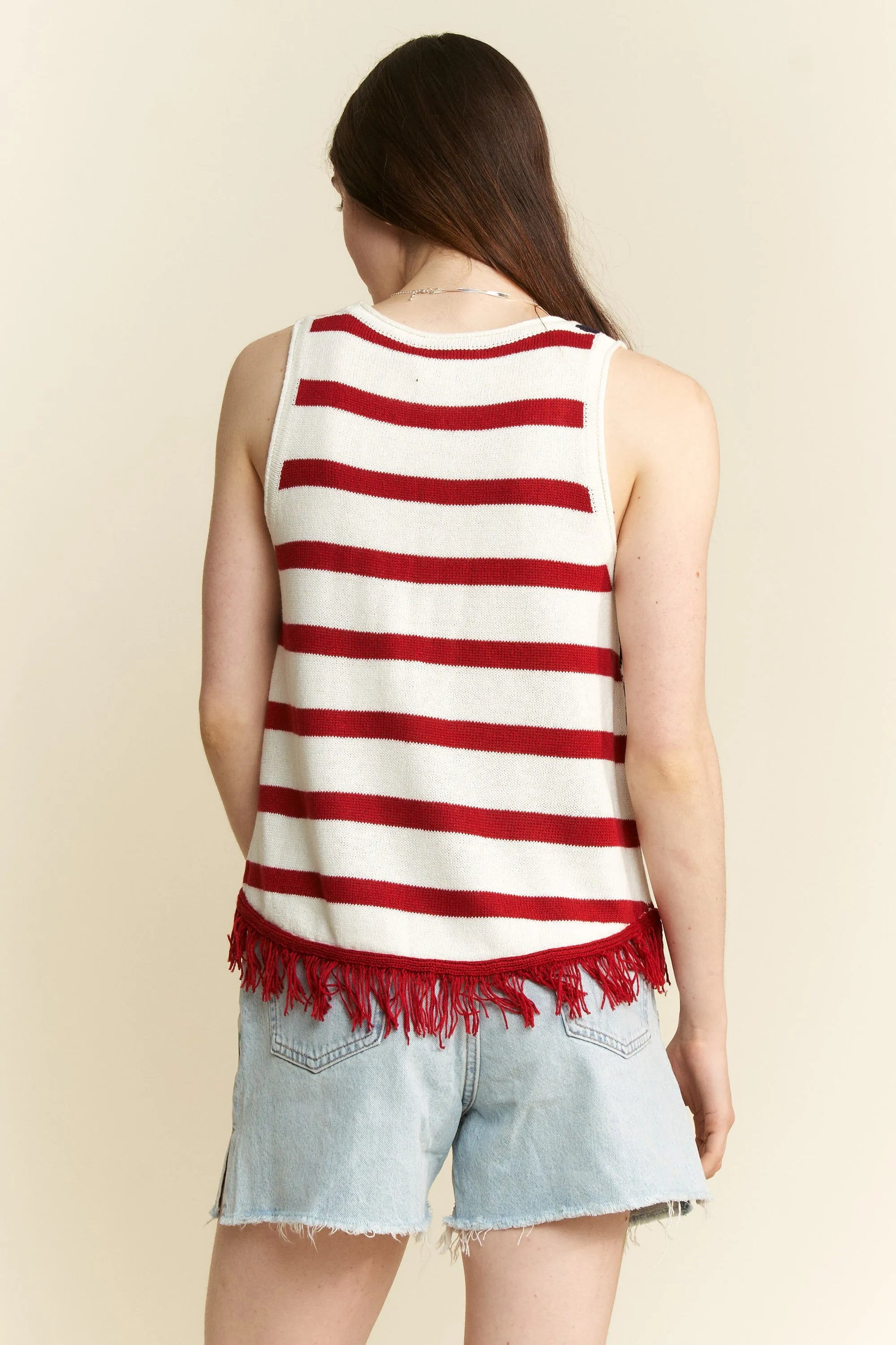 Jade By Jane full-size American flag fringe tank top in plus size, cream color, with patriotic flag design and fringe details.