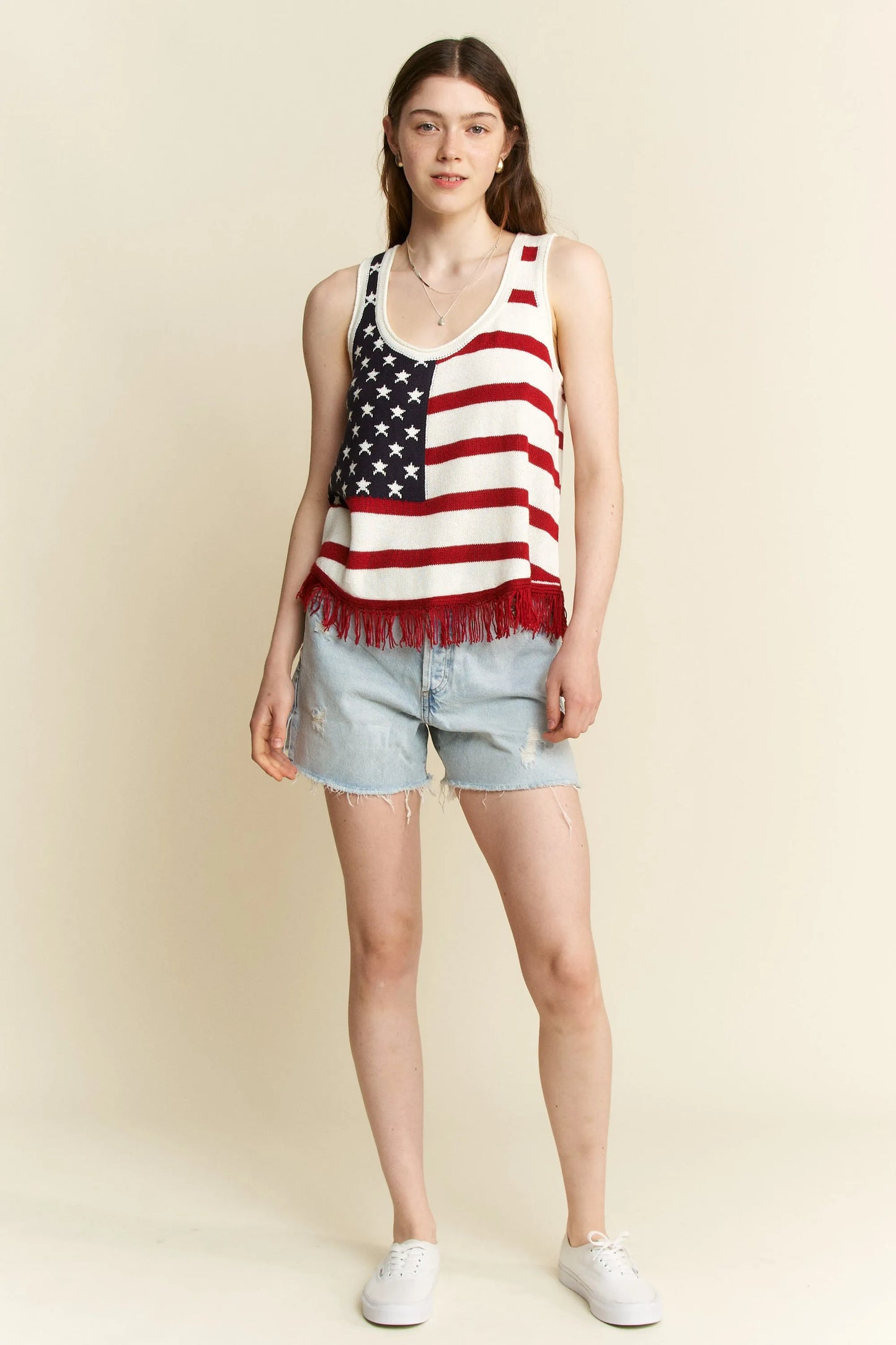 Plus size Jade by Jane American flag fringe tank top, full size, cream color, casual sleeveless top with patriotic design