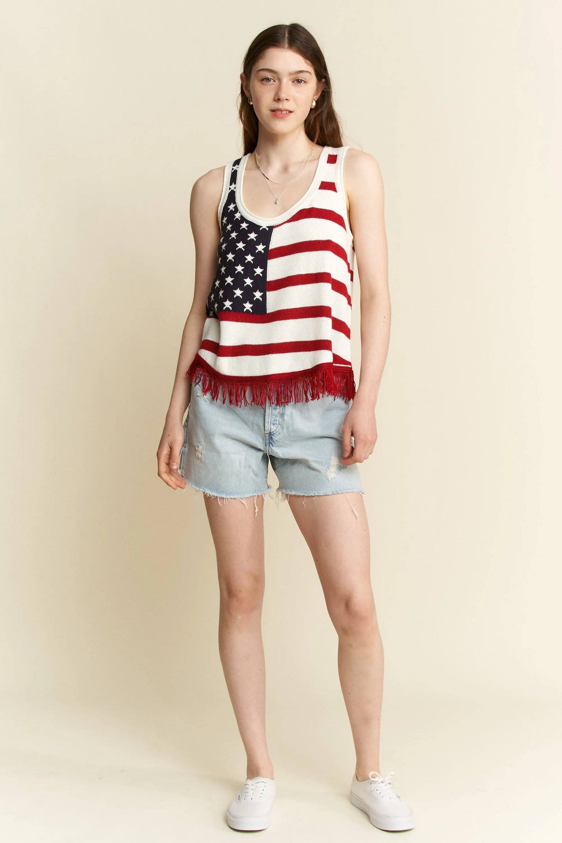 Plus size Jade by Jane American flag fringe tank top, full size, cream color, casual sleeveless top with patriotic design