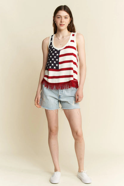 Plus size Jade by Jane American flag fringe tank top, full size, cream color, casual sleeveless top with patriotic design