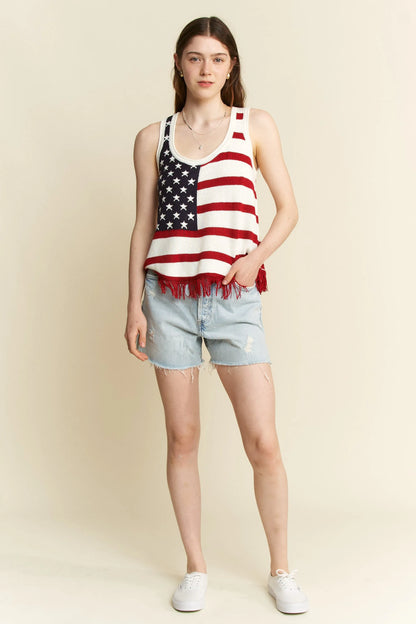 Jade by Jane full size American flag fringe tank top in plus size, cream color, with patriotic star and stripe design.