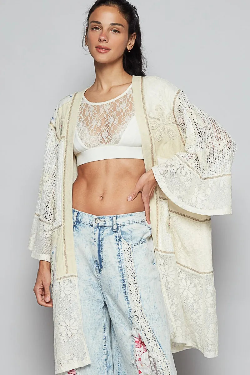 Cream POL double gauze and lace mix cardigan with embroidered details, featuring a soft, textured fabric and delicate embroidery.