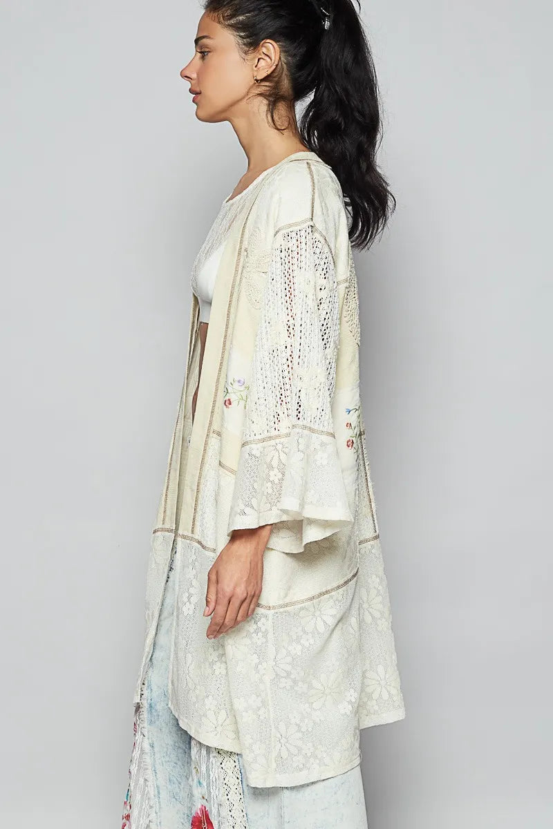 Cream POL double gauze and lace mix cardigan with embroidered detail, featuring a soft, lightweight knit and delicate design.