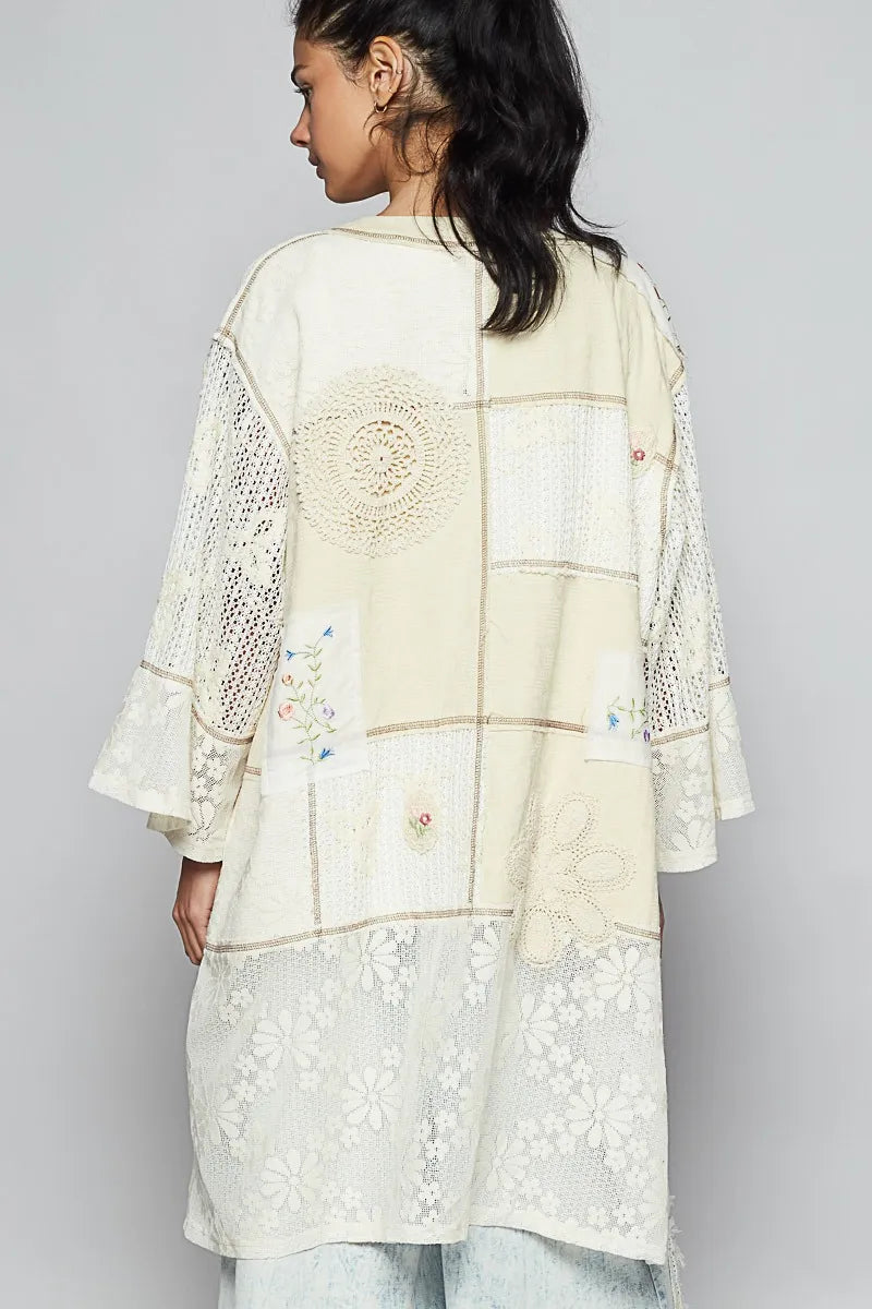 Cream POL double gauze and lace mix cardigan with embroidered detail, featuring a soft, lightweight design and intricate embroidery.